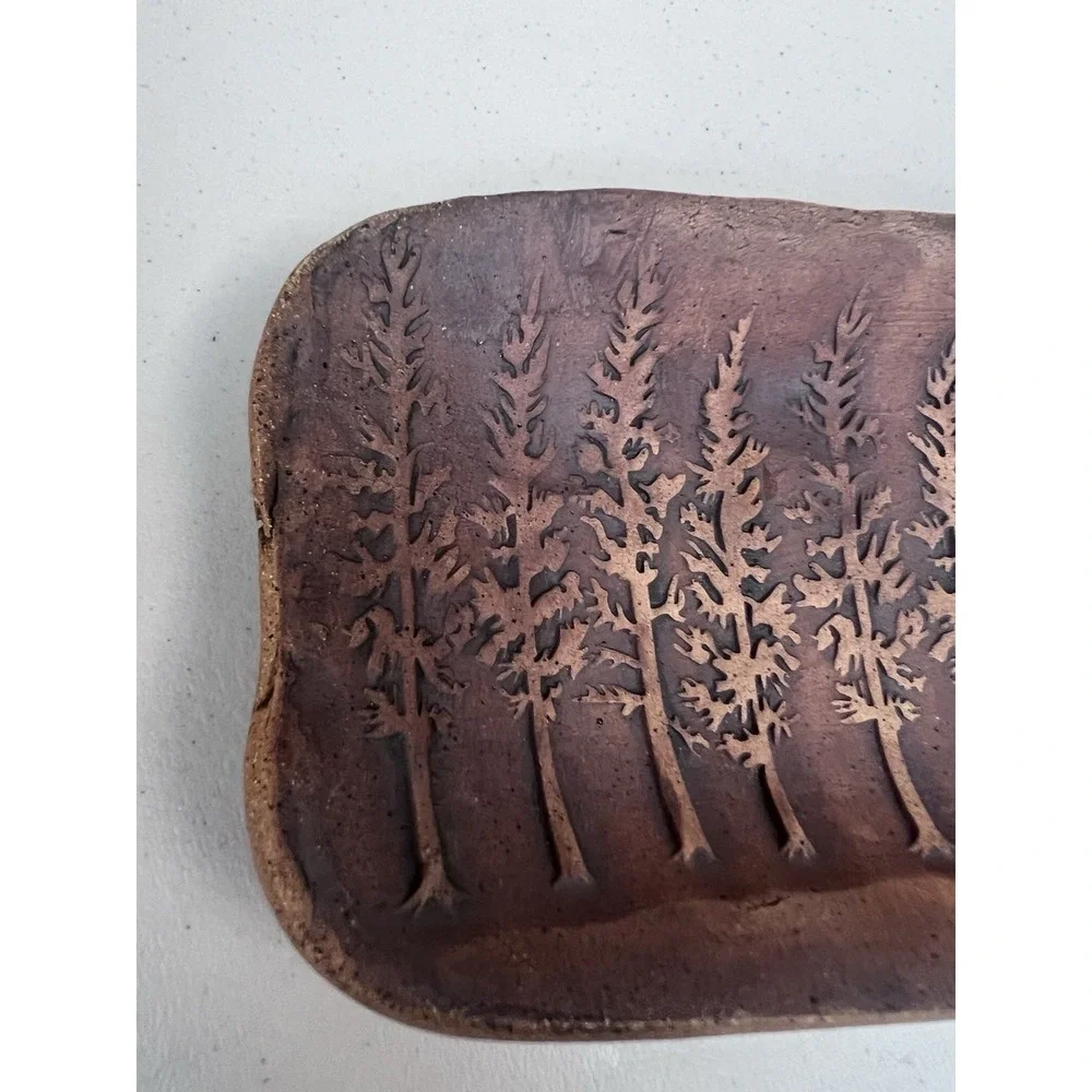 Handmade Studio Pottery Pine Tree Forest Tray Rustic Woodland Trinket Dish 9.25